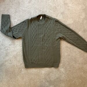 Mens Olive Green Cable Knit Sweater Medium Crewneck Classic Pullover